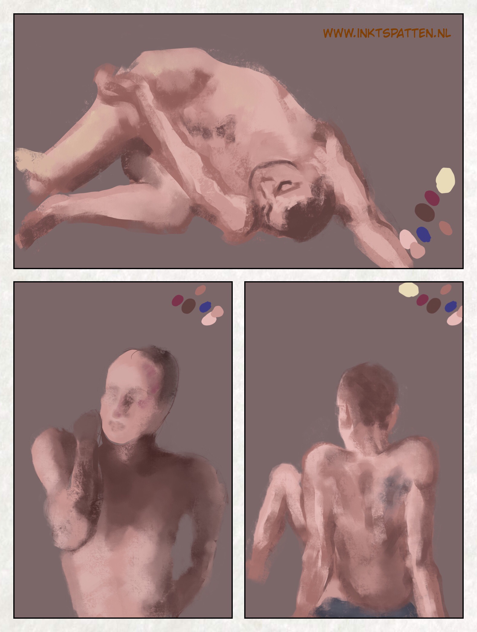 three pictures of attempts at rendering a dancer in pastel (nudes)